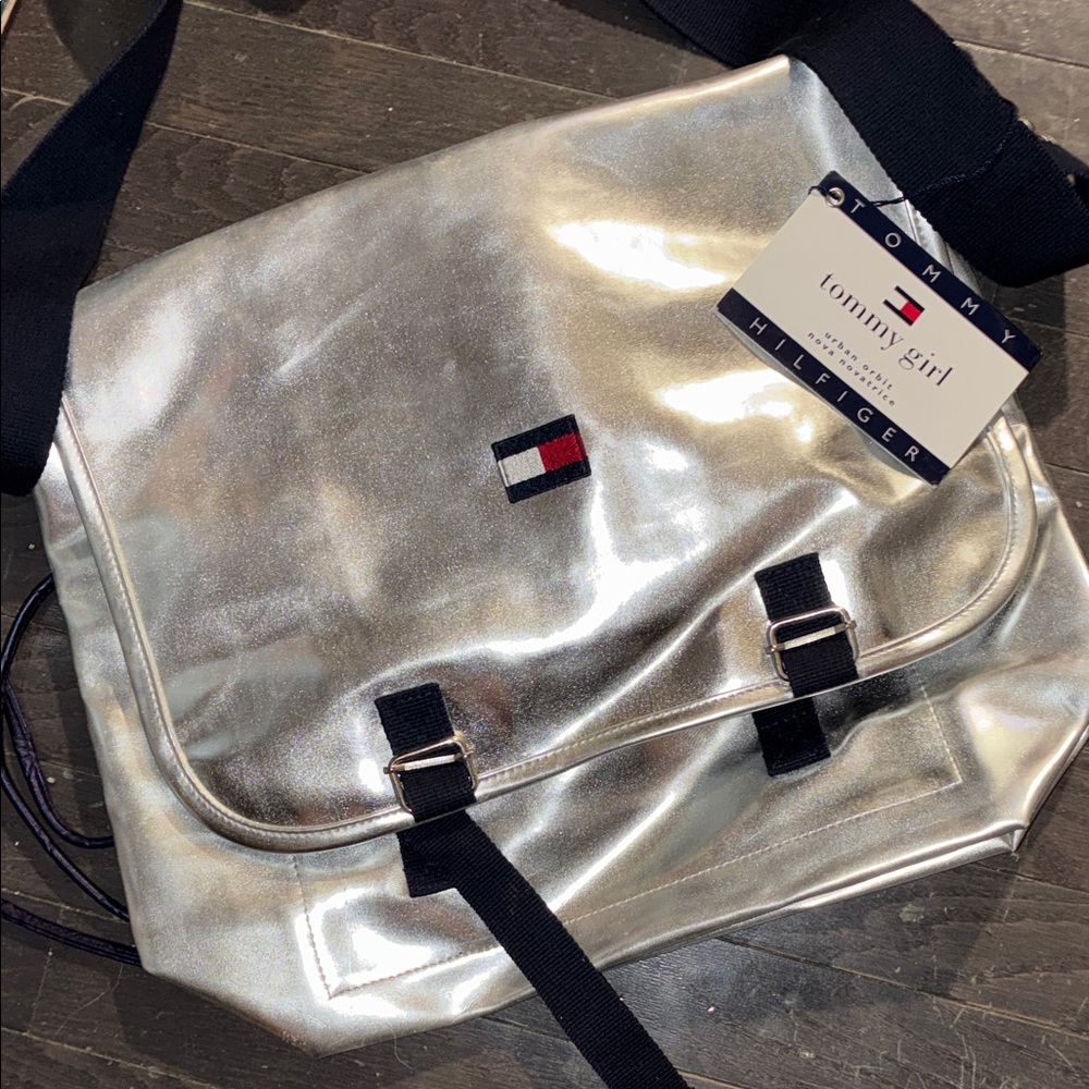 Tommy Hilfiger Silver Messenger Bag with Black Straps